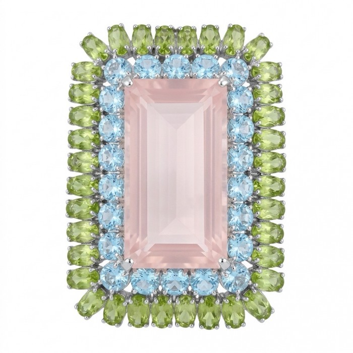 Vintage style Beauty genuine baquette cut 18.5 carat Brazilian Rose Quartz rhodium over .925 Sterling Silver handmade Pendant - Brooch
