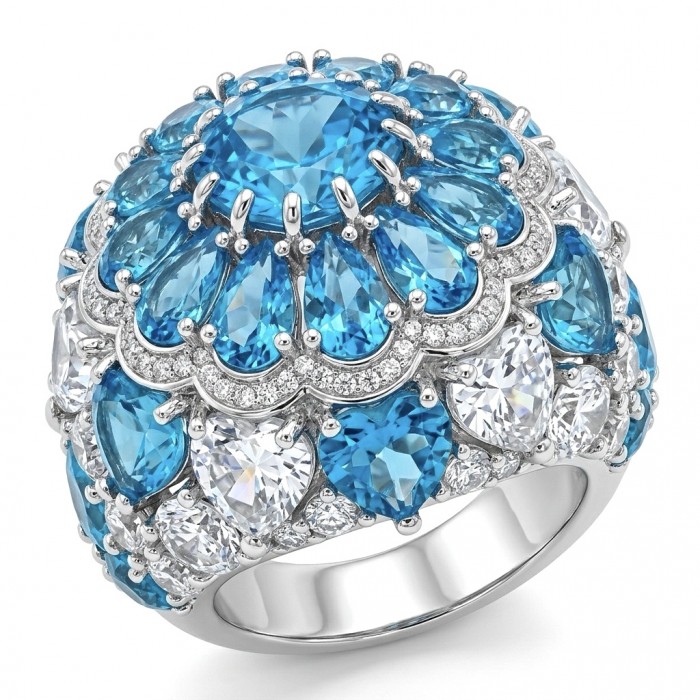 Blue Cascade Natural 14.8 carat Swiss Blue Topaz .925 Sterling Silver dipped in rhodium handmade Large Statement Ring size 6 1/4