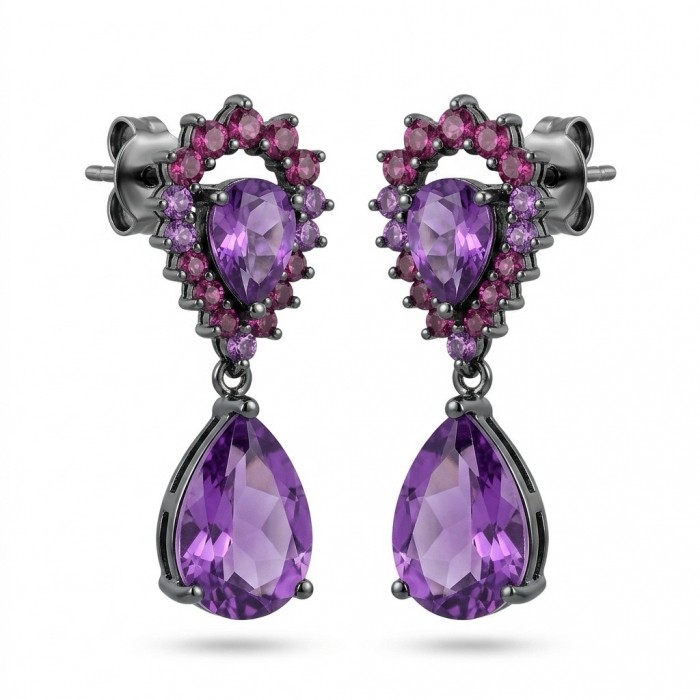 Natural 10.6 carat fancy pear cut Amethyst black rhodium over .925 Sterling Silver handmade earrings