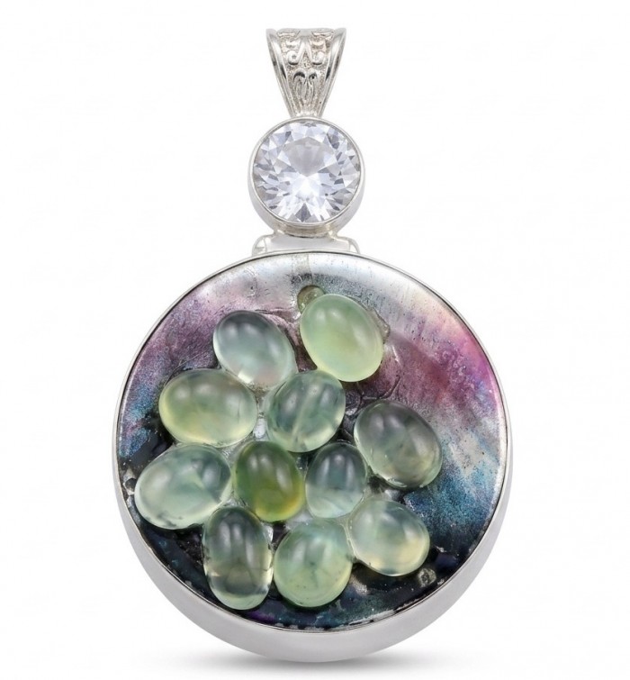 Large 3 1/2 inches long Rainbow Abalone Prehnite Silver Tone handcrafted Pendant