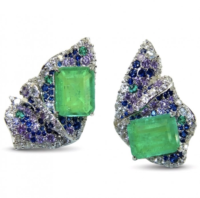 Valentina 12.2 carat Colombian Emerald .925 Sterling Silver dipped in rhodium Statement handcrafted earrings