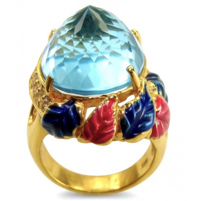 Pacifica - Authentic Fancy Rose cut 27.5 carat Swiss Blue Topaz Enamel 22K Gold over .925 Sterling Silver handcrafted Large Statement ring size 7