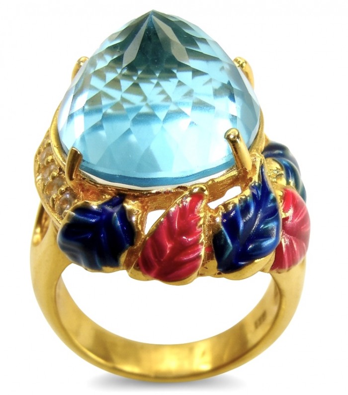 Pacifica - Authentic Fancy Rose cut 27.5 carat Swiss Blue Topaz Enamel 22K Gold over .925 Sterling Silver handcrafted Large Statement ring size 7