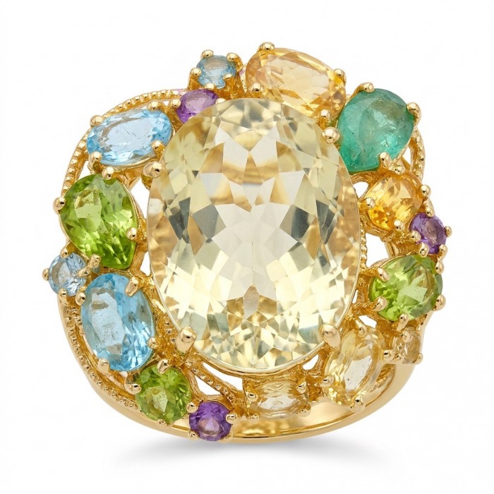 Dolce Vita - Natural 32.8 carat Citrine .925 Sterling Silver dipped in 22K Gold handcrafted Statement LARGE ring; s. 8