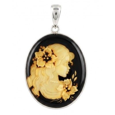 Vintage Design Cameo Natural Baltic Amber .925 Sterling Silver handmade Pendant
