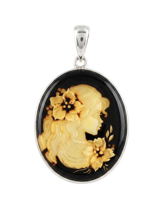 Vintage Design Cameo Natural Baltic Amber .925 Sterling Silver handmade Pendant