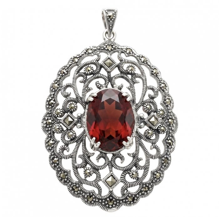 Vintage Style - Precious - Genuine 14.5 carat Ruby Marcasite Rhodium over .925 Sterling Silver handmade Pendant - video