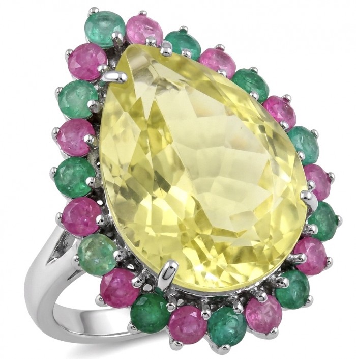 Costa del Sol 24.8 carat Genuine Lemon Quartz rhodium over .925 Sterling Silver handcrafted ring size 7