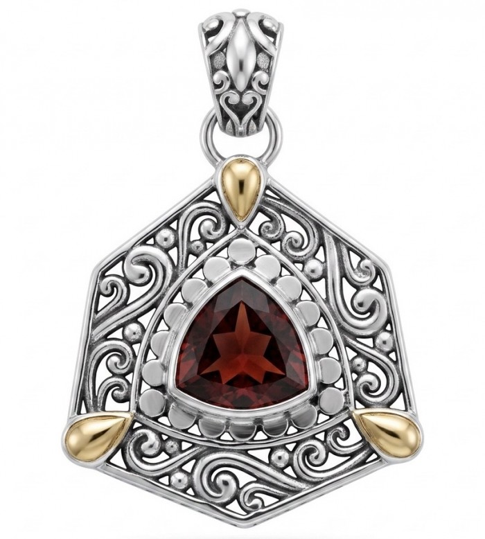 Vintage Beauty 5.9 carat genuine Garnet rhodium over 2 tones .925 Sterling Silver handcrafted pendant