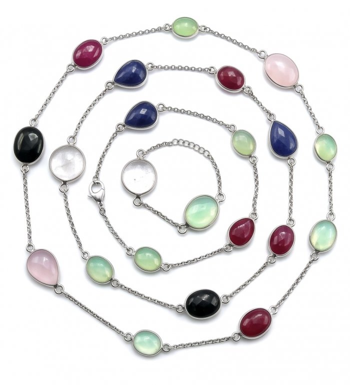 Emily 30 inches Natural authentic Multigems .925 Sterling Silver handmade Station Necklace - video