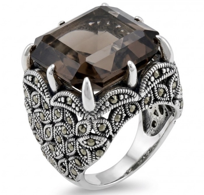 Serenity 19.5 carat Champagne Smoky Topaz rhodium over .925 Sterling Silver HUGE Ring size 8