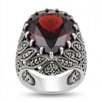 Celestrial Energy Natural 29.4 carat Garnet Marcasite .925 Sterling Silver handmade Large Statement Ring size 7