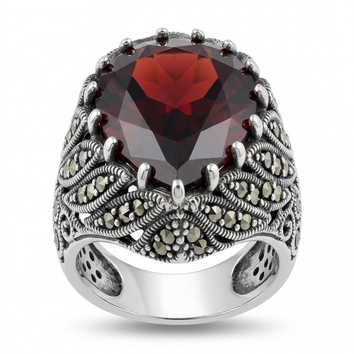 Celestrial Energy Natural 29.4 carat Garnet Marcasite .925 Sterling Silver handmade Large Statement Ring size 7