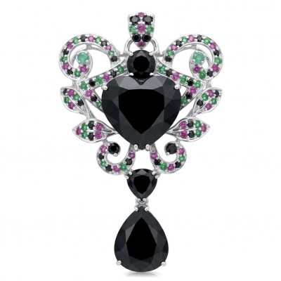 Marie Antoinette's Style 33.8 grams natural Black Onyx .925 Sterling Silver dipped in Rhodium handmade LARGE Pendant - Brooch