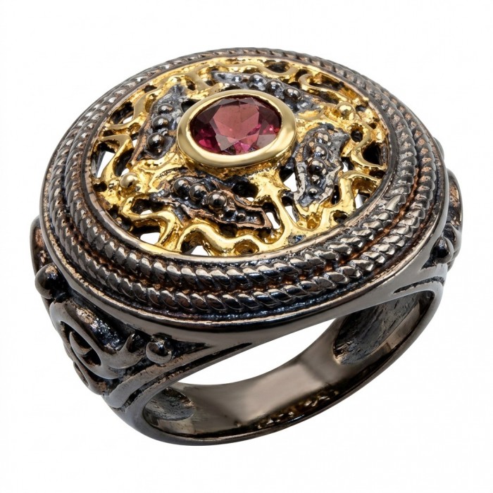 Vintage design Natural 1.8 carat Garnet 2 tones black rhodium .925 Sterling Silver handmade Statement Ring size 6 1/4