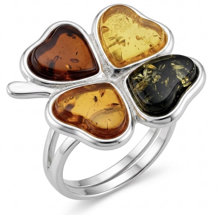 Flower Authentic Baltic Amber .925 Sterling Silver dipped in rhodium handcrafted ring; s. 8 adjustable