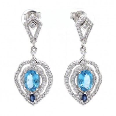 Tranquillity - 4.7 carat carved Swiss Blue Topaz .925 Sterling Silver dipped in Rhodium Handcrafted Statement earrings