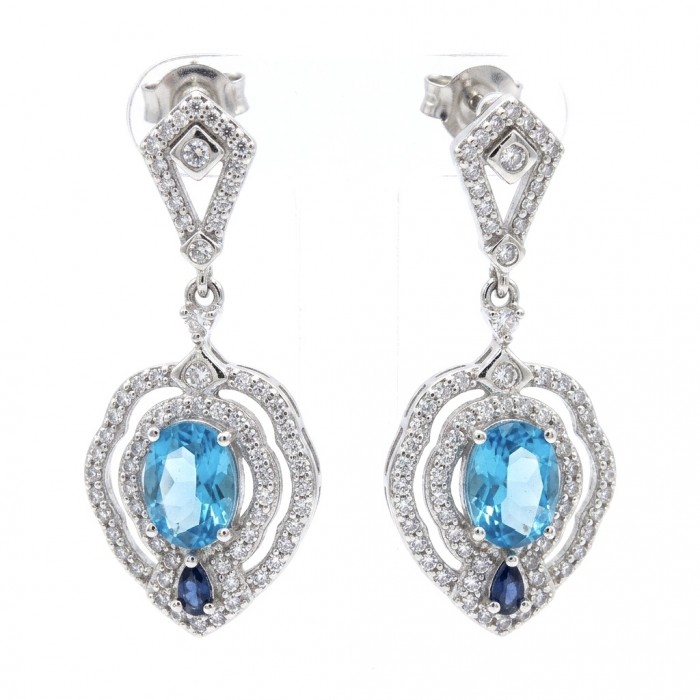 Tranquillity - 4.7 carat carved Swiss Blue Topaz .925 Sterling Silver dipped in Rhodium Handcrafted Statement earrings