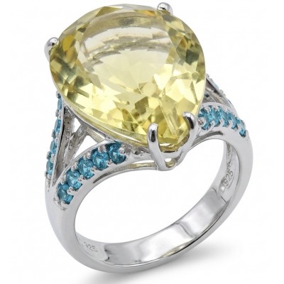 Vivien - Natural 19. 2 carat Citrine .925 Sterling Silver dipped rhodium handcrafted Statement ring; s. 7 1/4