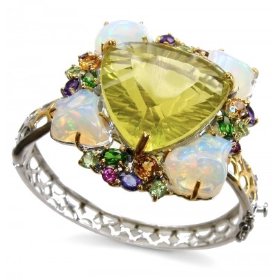 Golden Symphony 59.8 carat Genuine Lemon Quartz Rough Opal 2 tones .925 Sterling Silver dipped in Rhodium handcrafted bracelet