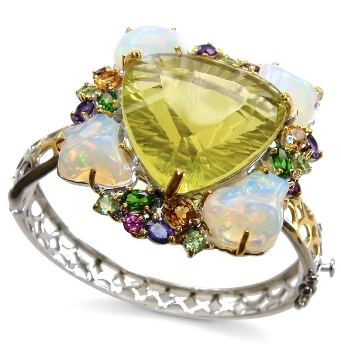 Golden Symphony 59.8 carat Genuine Lemon Quartz Rough Opal 2 tones .925 Sterling Silver dipped in Rhodium handcrafted bracelet