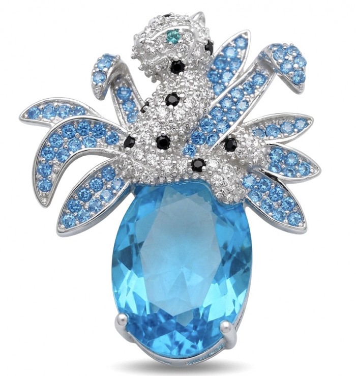 Blue Cheetah authentic 12.5 carat Swiss Blue Topaz .925 Sterling Silver Handcrafted pendant brooch