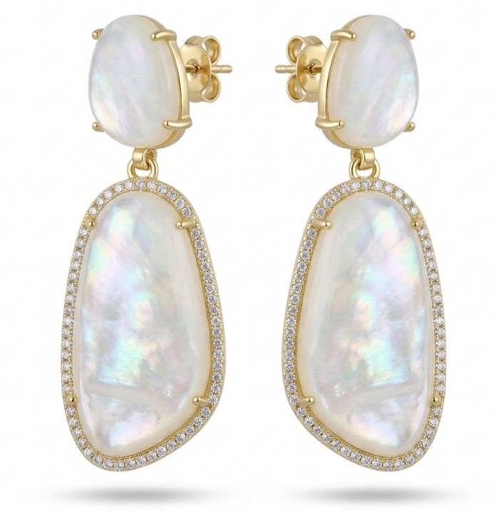 Luxurious Genuine Blister Pearl 0.4 CARAT lab grown Diamond 18K Gold over .925 Sterling Silver handcrafted Statement Earrings