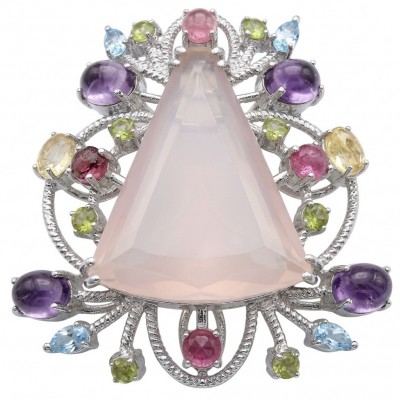 TRILLION CUT genuine 45.5 carat Brazilian Rose Quartz rhodium over .925 Sterling Silver handmade Pendant - Brooch