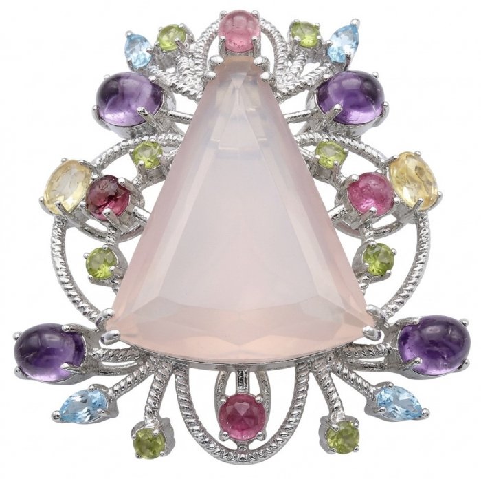 TRILLION CUT genuine 45.5 carat Brazilian Rose Quartz rhodium over .925 Sterling Silver handmade Pendant - Brooch - video