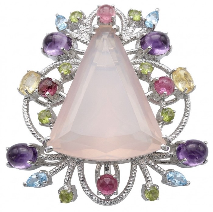 TRILLION CUT genuine 45.5 carat Brazilian Rose Quartz rhodium over .925 Sterling Silver handmade Pendant - Brooch