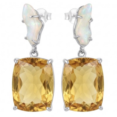 Esperanza - Luxurious 22.2 Lemon Quartz rough real Australian Opal rhodium over .925 Sterling Silver handmade Earrings