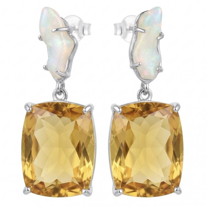 Esperanza - Luxurious 22.2 Lemon Quartz rough real Australian Opal rhodium over .925 Sterling Silver handmade Earrings - video