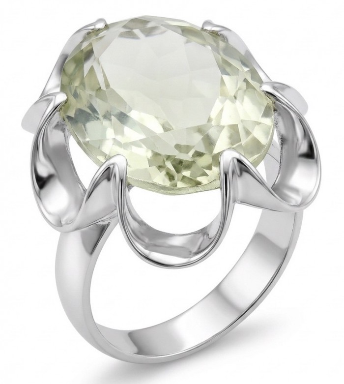 Natural 14.5 carat carved Green Amethyst rhodium over .925 Sterling Silver handcrafted ring size 5 3/4