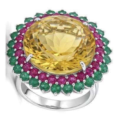 Gabriella 42.6 carat Lemon Quartz Peridot rhodium over .925 Sterling Silver handcrafted Statement ring size 9