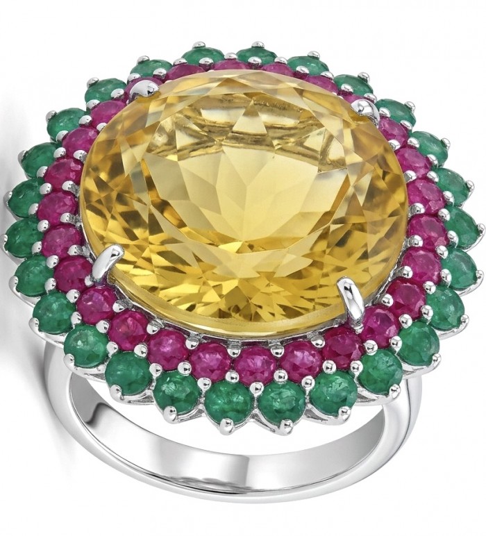 Gabriella 42.6 carat Lemon Quartz Peridot rhodium over .925 Sterling Silver handcrafted Statement ring size 9