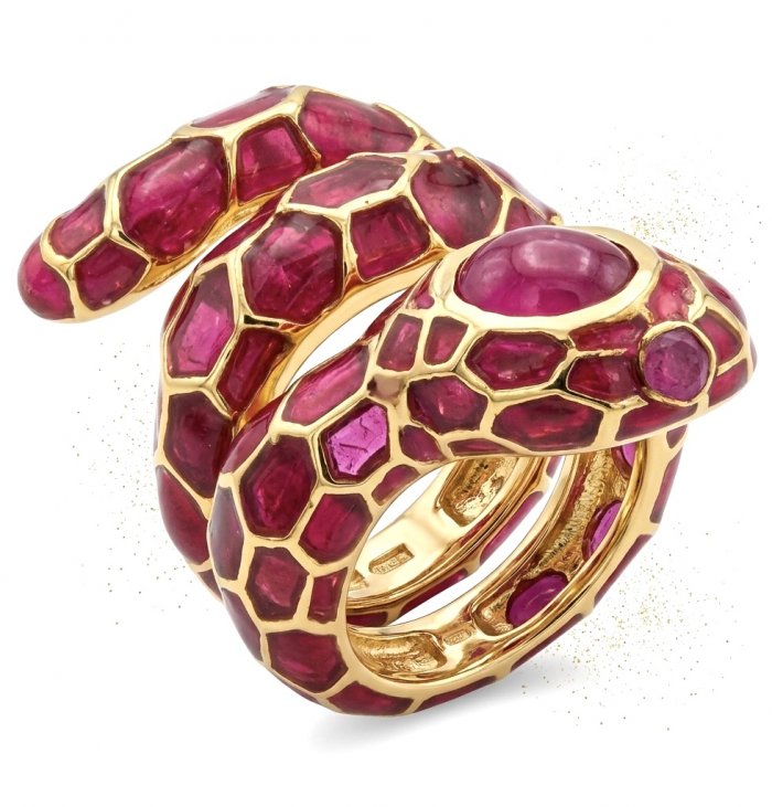 Red Snake Ruby Enamel 18K Gold over 3.5 carat Ruby 22K Gold over .925 Sterling Silver Huge handcrafted Ring s. 6 - video