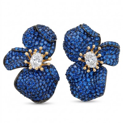 Amazonia - 38.8 carat pave Colombian Sapphire 2 tones .925 Sterling Silver handmade Statement Earrings