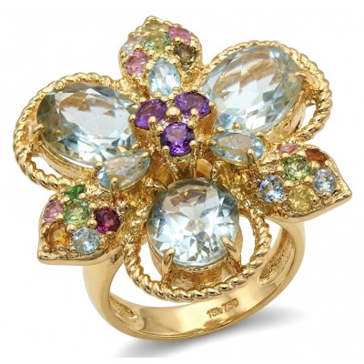 Enchanted Flower 28.5 carat Aquamarine .925 Sterling Silver dipped in Real 22K Gold Oversized Ring size 8