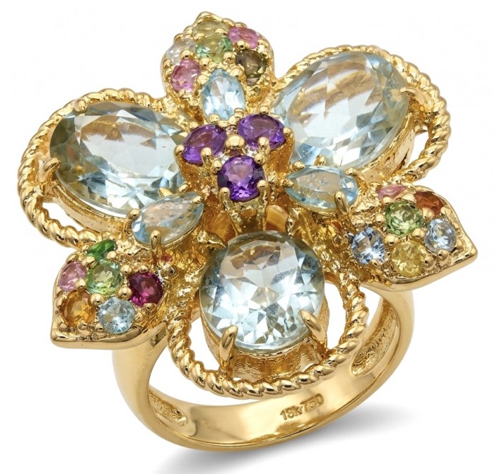 Enchanted Flower 28.5 carat Aquamarine .925 Sterling Silver dipped in Real 22K Gold Oversized Ring size 8