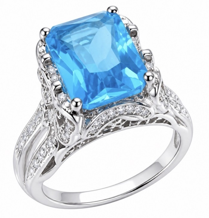 Ocean Blue 14.2 carat Swiss Blue Topaz .925 Silver handcrafted Cocktail Ring s. 6 1/4