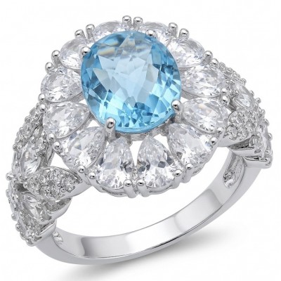 Atlantica 11.8 carat Swiss Blue Topaz .925 Sterling Silver dipped in rhodium handcrafted ring size 6