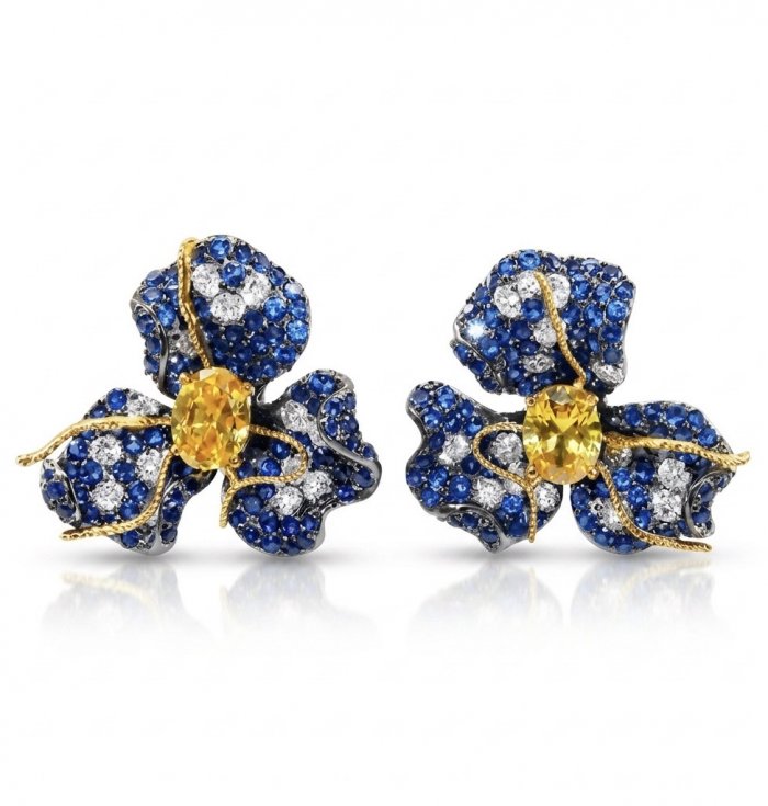 Exotica - real art - authentic 4.9 carat yellow Sapphire 9.2 carat pave Colombian Sapphire 2 tones .925 Sterling Silver dipped in black rhodium handcrafted earrings - video