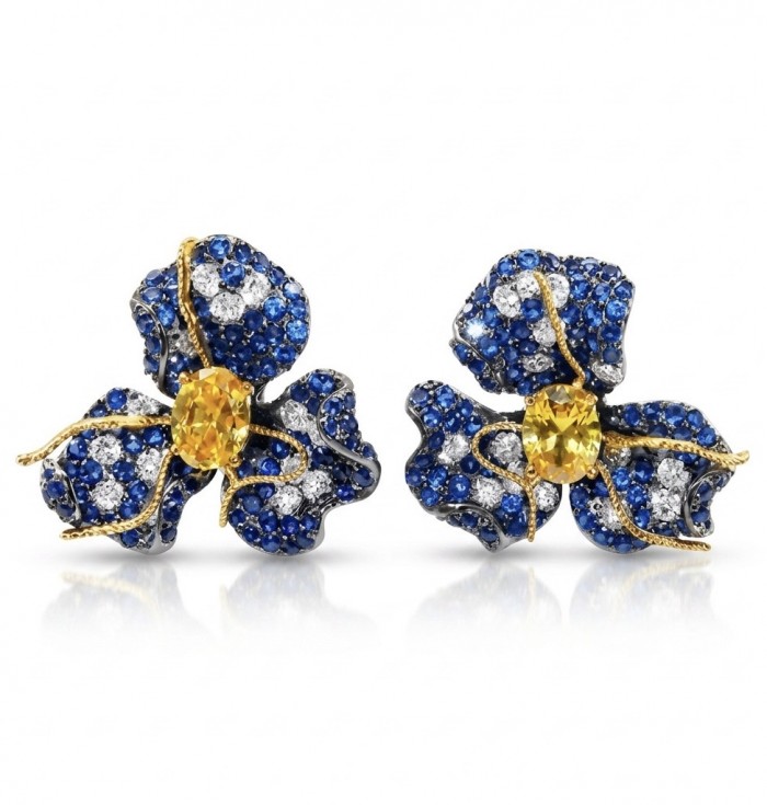 Exotica - real art - authentic 4.9 carat yellow Sapphire 9.2 carat pave Colombian Sapphire 2 tones .925 Sterling Silver dipped in black rhodium handcrafted earrings
