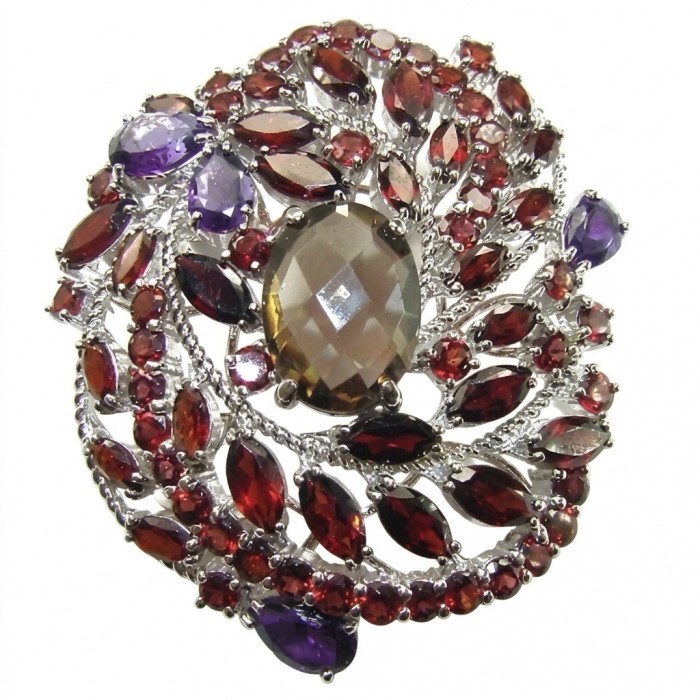 Mademoiselle - Vintage Design 32.4 CARAT Smoky Topaz Brazilian Granet rhodium over .925 Sterling Silver handcrafted Pendant & Brooch