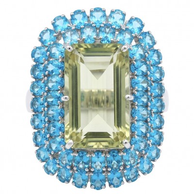 Serenity baquette cut 68.5 carat Champagne Smoky Topaz Aquamarine rhodium over .925 Sterling Silver MASSIVE Ring size 7