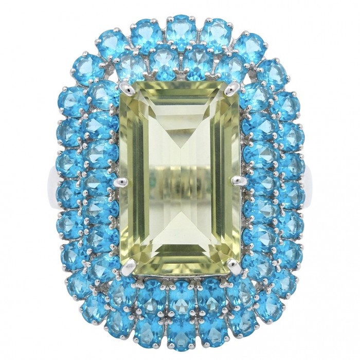 Serenity baquette cut 68.5 carat Champagne Smoky Topaz Aquamarine rhodium over .925 Sterling Silver MASSIVE Ring size 7