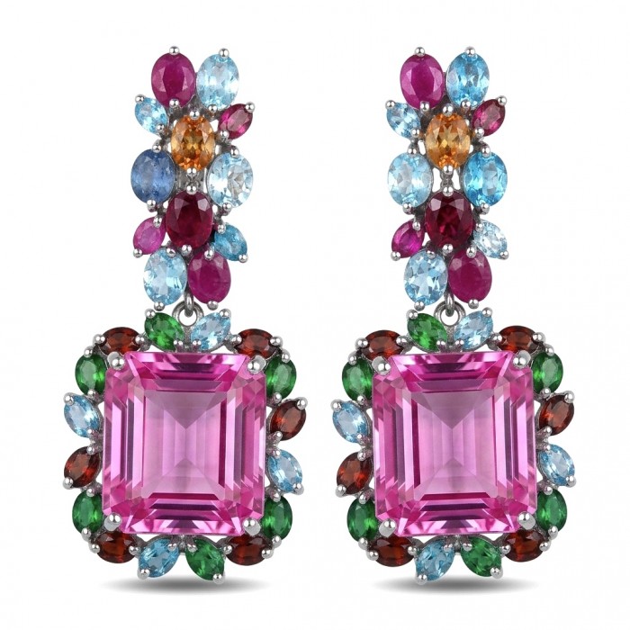 Large - Tiffany - authentic 41.5 carat Pink Sapphire rhodium over .925 Sterling Silver handcrafted Statement Earrings