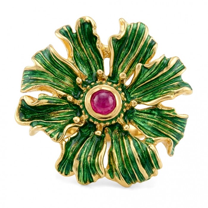 Blooming Garden Genuine 3.5 carat Kashmir Ruby Green Enamel .925 Sterling Silver dipped in 22K Gold Large Statement Ring size 6 3/4