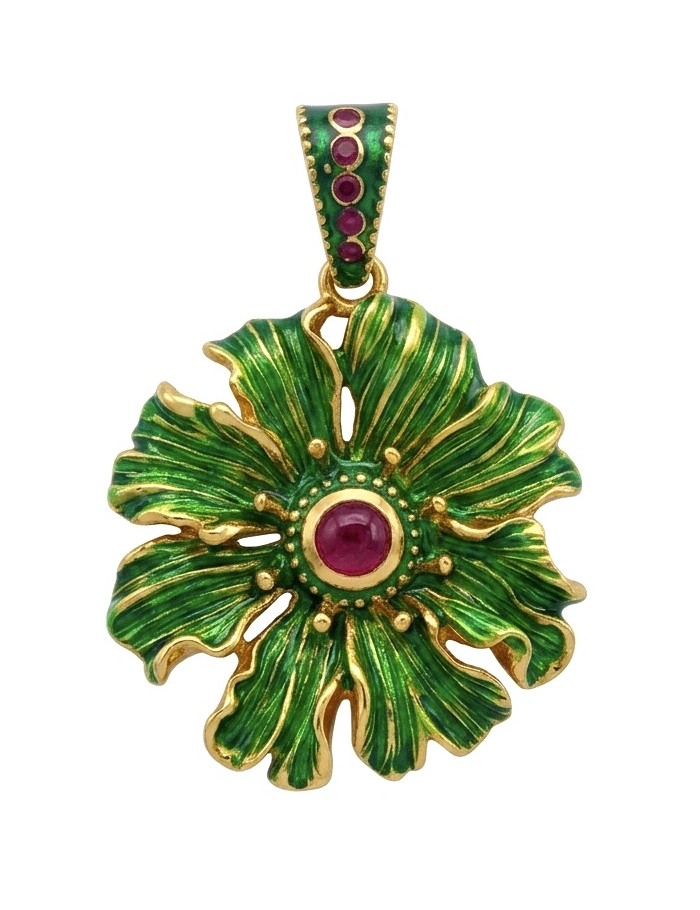 Blooming Garden Genuine 3.7 carat Kashmir Ruby Green Enamel .925 Sterling Silver dipped in 22K Gold Statement Pendant