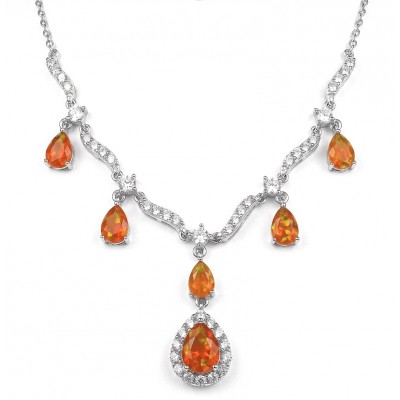 Unique 12.5 carat natural Mexican Fire Opal rhodium over .925 Sterling Silver brilliantly handcrafted necklace